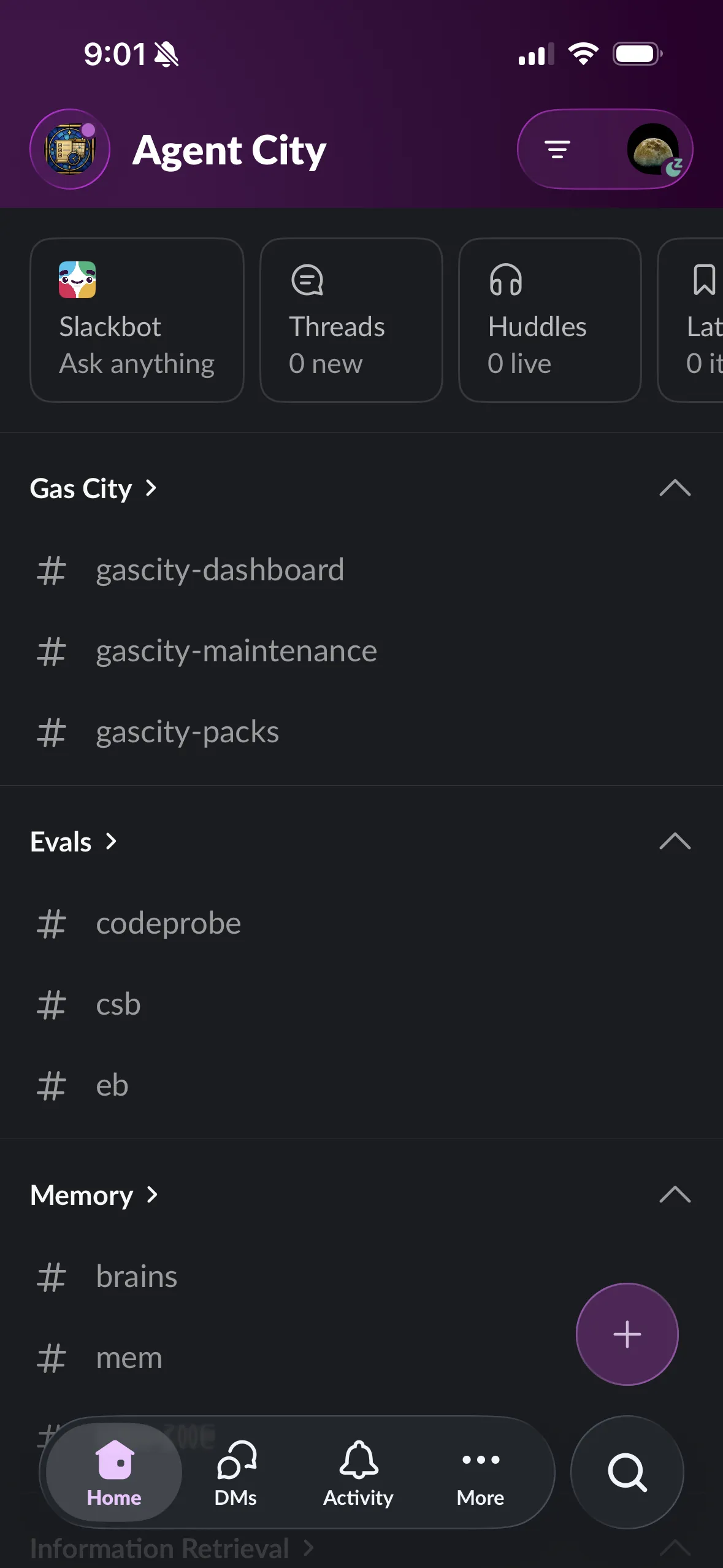 The Agent City workspace sidebar: channels grouped by project, from Gas City to Evals to Memory to Information Retrieval.