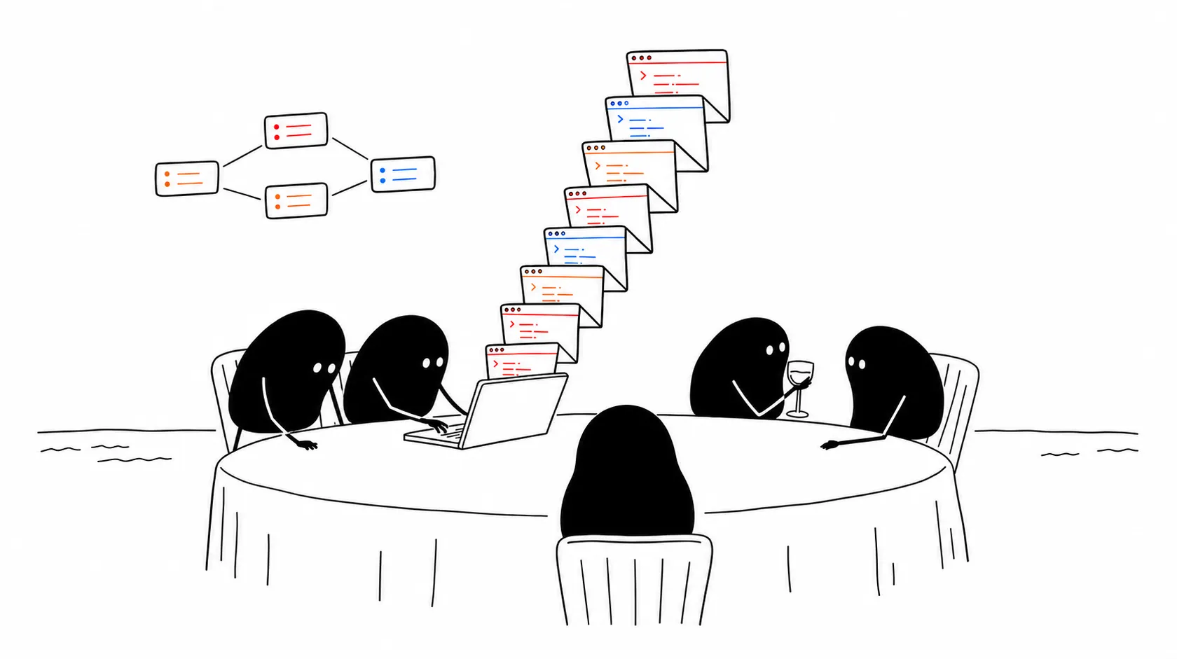 A group dinner at a round table on a beach. One person works at a laptop, and a steep cascade of eight overlapping terminal windows with red, orange, and blue code strokes rises out of the screen. A small dependency graph of linked task cards sits to the left.