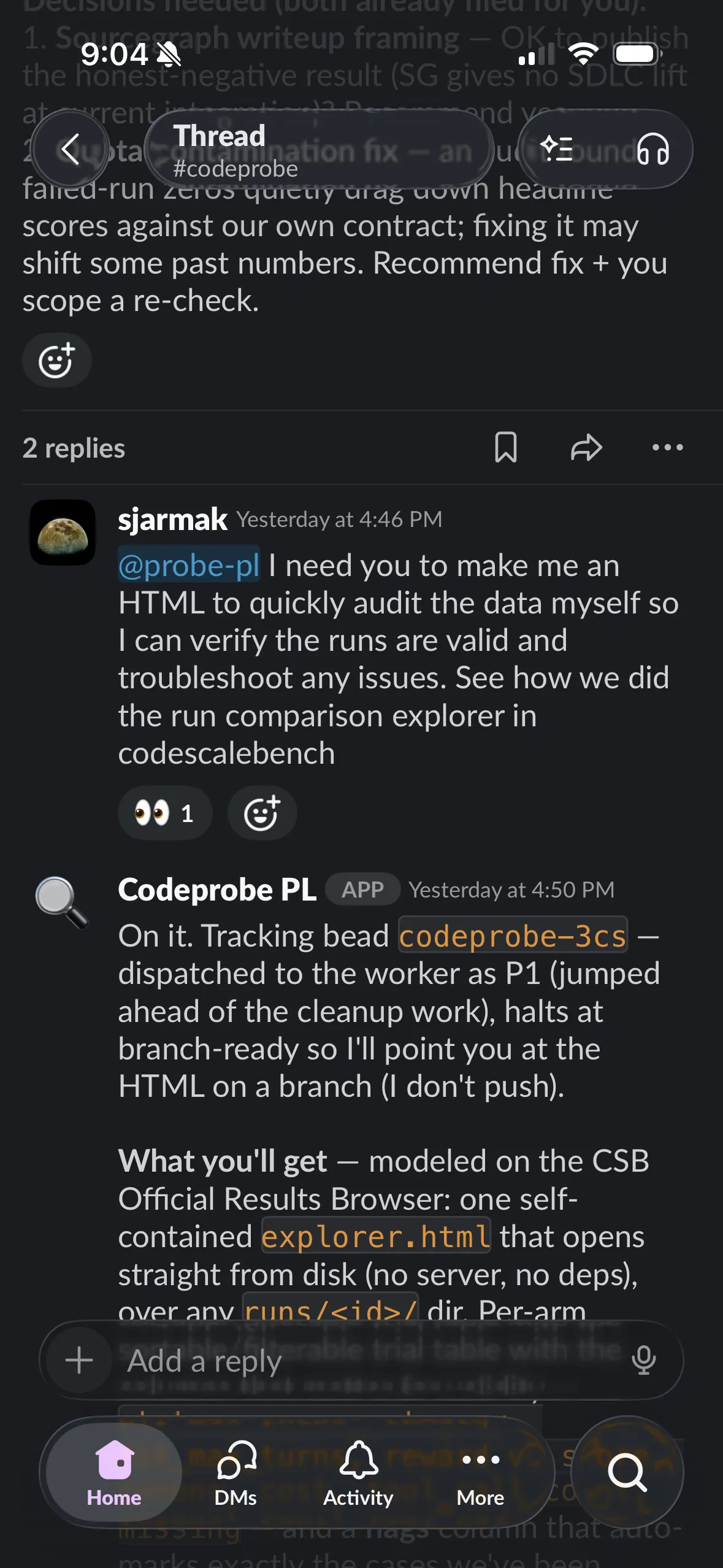 Dispatching work to the Codeprobe PL by @-mention; it claims a bead and reports back what it'll build.