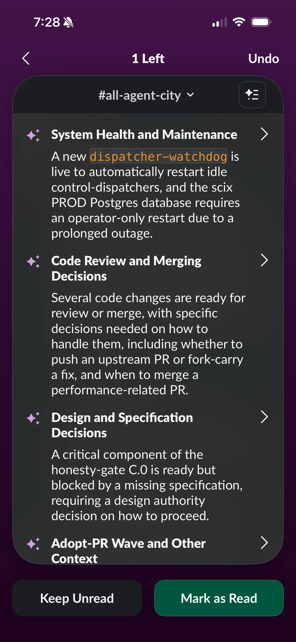 A categorized overnight briefing: system health, code review and merging, design decisions, adopt-PR context.