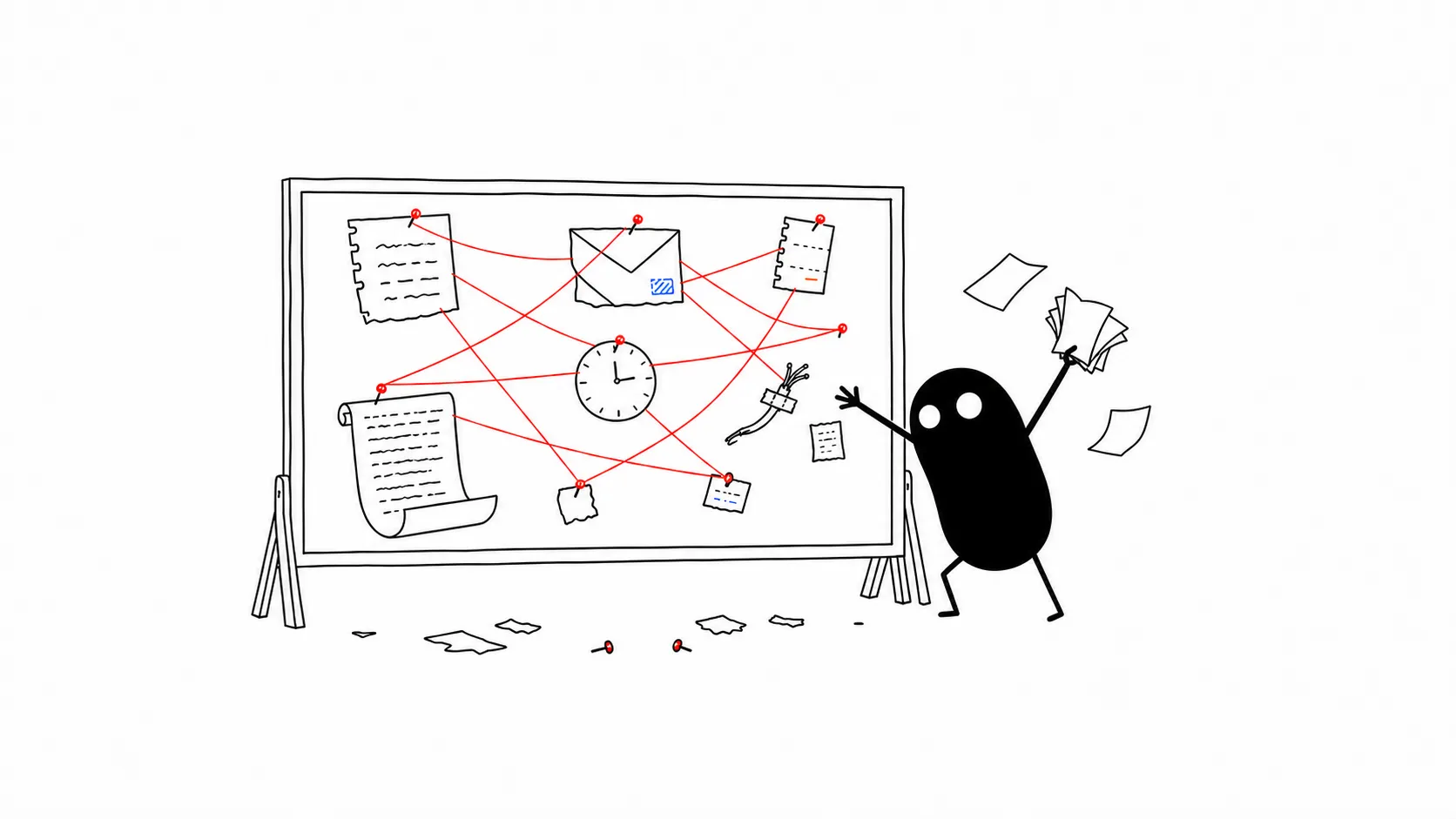 A figure stands at a large evidence board strung with tangled red thread, holding one thread end up to the board and a scrap of paper in the other hand. Pinned to the board are a torn work ticket, a half-delivered envelope, a claim stub, a curling terminal printout, a clock face and a cut cable end. Scraps and pins have fallen to the floor. The figure is mid-rant, leaning off balance with one arm flung up and loose sheets escaping from its hand.